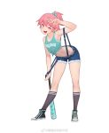  1girl ;d absurdres baseball_bat bent_over black_legwear crop_top cutoffs flat_chest full_body gorgeous_mushroom hair_bobbles hair_ornament highres kneehighs looking_at_viewer mengjing_lianjie midriff navel official_art one_eye_closed open_mouth pink_eyes pink_hair shirt shoes short_hair short_ponytail short_shorts shorts simple_background smile sneakers solo standing suspenders suspenders_slip tied_shirt v weibo_username white_background 