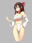  1girl armpit_peek ass_visible_through_thighs bare_legs bow breasts brown_hair cleavage clenched_hand closed_mouth commentary cowboy_shot detached_sleeves fundoshi grey_background groin hair_between_eyes hair_bow hair_tubes hakurei_reimu hand_on_hip japanese_clothes long_hair looking_at_viewer medium_breasts midriff red_eyes sarashi sidelocks simple_background solo thigh_gap thighs touhou wide_sleeves yani_(pgve8433) 