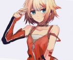  blue_eyes cevio collarbone commentary detached_sleeves expressionless gomiyama hand_up highres looking_to_the_side one_(cevio) orange_shirt orange_sleeves platinum_blonde_hair shirt short_hair sketch sleeves_past_wrists spaghetti_strap upper_body zipper 