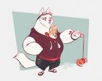  2019 anthro bottomwear breeze_(breeze_in_the_clouds) breeze_in_the_clouds canid canine canis clothing cori_(breeze_in_the_clouds) domestic_dog duo eyes_closed footwear fur herding_dog hoodie mammal overweight pants pastoral_dog sandals simple_background tjbeararts tjdrawsstuff tongue tongue_out topwear welsh_corgi white_body white_fur yoyo 