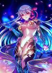  1girl armor bangs bikini_armor blush breasts cleavage collar earrings fate/grand_order fate_(series) flower gradient gradient_background hair_ribbon highres jewelry kama_(fate/grand_order) large_breasts light_particles long_hair looking_at_viewer lotus metal_collar navel open_mouth petals red_eyes ribbon rlf_00 sash silver_hair solo space star_(sky) thighlet thighs 