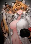  1girl absurdres animal animal_ear_fluff animal_ears bangs black_hair closed_mouth commentary creature_and_personification hair_between_eyes highres kemono_friends looking_at_viewer multicolored_hair no_bra notora open_clothes open_shirt orange_hair shirt short_hair tiger_(kemono_friends) tiger_ears white_hair white_shirt yellow_eyes 
