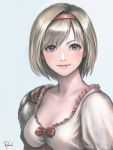  absurdres bangs blonde_hair blue_background blush bow brown_eyes closed_mouth djeeta_(granblue_fantasy) dress granblue_fantasy hairband highres looking_at_viewer murasaki-sin pink_hairband portrait red_bow short_hair shoulder_armor smile swept_bangs upper_body white_dress 