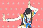  1girl arm_up bangs blue_neckwear blunt_bangs closed_mouth commentary dancing dress easy_breezy eizouken_ni_wa_te_wo_dasu_na! epaulettes facing_viewer frown gyosone junketsu kill_la_kill kiryuuin_satsuki long_hair long_sleeves neckerchief parody red_background solo standing straight_hair style_parody white_dress 