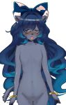  2018 after_transformation anthro blue_eyes blue_hair blush breasts domestic_cat embarrassed felid feline felis female hair long_hair looking_aside mammal naturally_censored navel nude ribbons small_breasts solo toribako 