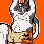 1:1 2013 anthro balls_outline belly blush bovid bovine bulge cattle clothing genital_outline kemono male mammal moobs nipples orange_background overweight overweight_male penis_outline poisonkinoko simple_background solo underwear 