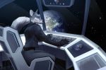  anthro blue_eyes canid canine clothed clothing cockpit earth female fox fully_clothed fur futuristic grey_body grey_fox grey_fur hi_res male mammal plgdd solo space spacecraft touchscreen urocyon vehicle 
