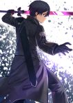 1boy absurdres bangs black_coat black_gloves black_hair black_pants blurry blurry_background closed_mouth coat depth_of_field from_behind gloves hair_between_eyes hand_up highres holding holding_sword holding_weapon kirito long_sleeves male_focus mosta_(lo1777789) pants profile purple_eyes sheath solo standing sword sword_art_online unsheathed weapon 