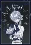  1other androgynous antarcticite bangs belt black_gloves black_neckwear border bouquet character_name closed_mouth commentary dripping finger_to_mouth flower gem_uniform_(houseki_no_kuni) gloves grey_flower grey_ribbon hair_ribbon halo highres holding houseki_no_kuni index_finger_raised lace lace-trimmed_ribbon lace_trim looking_at_viewer minjye necktie one_eye_covered puffy_short_sleeves puffy_sleeves ribbon short_hair short_sleeves shushing silver_eyes silver_hair simple_background smile solo sparkle stuffed_animal stuffed_toy teddy_bear 