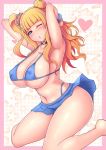  1girl armpits asymmetrical_hair bikini blonde_hair blue_bikini blue_eyes blush bracelet breasts choker covered_nipples curvy galko heart heart_choker highres huge_breasts jewelry kneeling long_hair looking_at_viewer micro_bikini navel one_eye_closed one_side_up oshiete!_galko-chan pink_heart ponpo side_bun skirt solo swimsuit thick_thighs thighs 