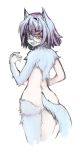  2011 5_fingers alternate_species anthro black_nose bodily_fluids butt canid crying fingers fur grey_body grey_fur hair looking_back mammal nude open_mouth rear_view sakuya_izayoi silver_hair tears toribako touhou transformation video_games 
