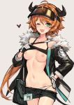  1girl ;d ahoge arknights breasts cowboy_shot croissant_(arknights) fang gloves green_eyes hand_on_hip heart highres horns jacket lifted_by_self long_hair looking_at_viewer low_ponytail medium_breasts midriff navel nipples no_bra one_eye_closed open_clothes open_jacket open_mouth orange_hair panties pants_pull shirt_lift short_shorts shorts sigm@ simple_background smile solo underwear visor_cap white_panties 