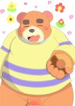  2020 absurd_res animal_crossing anthro blush brown_body brown_fur clothing doughnut eyes_closed food fur genitals hi_res humanoid_hands kemono male mammal nintendo overweight overweight_male penis pubes solo sweater tanpaoex teddy_(animal_crossing) topwear ursid video_games 