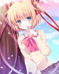  1girl beige_sweater blonde_hair blue_eyes bow cherry_blossoms commentary_request cowboy_shot grey_skirt hair_ornament hair_ribbon highres kamikita_komari little_busters! looking_at_viewer pink_bow plaid plaid_skirt pleated_skirt pokopi red_ribbon ribbon school_uniform short_hair skirt smile solo star star_hair_ornament tree twintails 