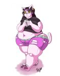  2019 3_toes anthro barefoot belly big_belly big_breasts biped black_hair bodypaint bottomwear breasts catti_(deltarune) claws clothed clothing curvy_figure cutoffs deep_navel deltarune denim denim_clothing digital_media_(artwork) domestic_cat ear_piercing ear_ring face_paint felid feline felis female front_view fur hair hi_res highlights_(coloring) holding_object holding_phone looking_at_viewer mammal midriff navel overweight overweight_female panties phone piercing pink_body pink_fur pink_highlights shirt shorts solo squish thick_thighs thigh_squish toes topwear torjen torn_bottomwear torn_clothing torn_shorts underwear video_games voluptuous walking whiskers wide_hips yellow_sclera 