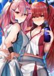  2girls :p adapted_costume azur_lane bangs bare_shoulders black_ribbon blue_background blush bottle breasts bremerton_(azur_lane) bremerton_(azur_lane)_(cosplay) bremerton_(scorching-hot_training)_(azur_lane) chain-link_fence cleavage closed_mouth collarbone collared_shirt commentary_request cosplay cowboy_shot crop_top crop_top_overhang eyebrows_visible_through_hair fence green_shirt green_skirt grey_hair hair_between_eyes hair_intakes hair_ornament hair_ribbon hairclip highres holding holding_bottle honolulu_(azur_lane) kagurazaka_miyabi large_breasts long_hair looking_at_viewer midriff mole mole_under_eye multicolored_hair multiple_girls nose_blush pink_eyes pink_hair profile red_eyes red_hair red_shirt red_skirt ribbon shirt sidelocks skirt sleeveless sleeveless_shirt smile sportswear standing streaked_hair tennis_uniform tongue tongue_out twintails two-tone_hair two-tone_shirt two-tone_skirt water_bottle white_shirt white_skirt wristband x_hair_ornament 