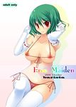  areola_slip areolae bad_id bad_pixiv_id bikini breasts breasts_apart cover cover_page elbow_gloves gloves green_hair kazami_yuuka kirise_mitsuru large_breasts micro_bikini short_hair side-tie_bikini socks solo striped striped_bikini swimsuit thighhighs touhou white_legwear 