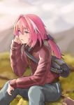  1boy absurdres astolfo_(fate) bangs black_bow blurry blurry_background bow commentary_request eyebrows_visible_through_hair fang fate/apocrypha fate/grand_order fate_(series) hair_bow highres jacket jtleeklm long_hair long_sleeves male_focus multicolored_hair otoko_no_ko outdoors pink_hair pink_jacket ponytail purple_eyes sitting skin_fang solo streaked_hair white_hair 