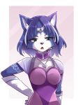  2020 anthro blue_hair bodysuit breasts canid canine clothing female fox fur gloves green_eyes hair handwear hi_res jewelry krystal mammal markings namagakiokami necklace nintendo open_mouth skinsuit solo star_fox tight_clothing video_games 