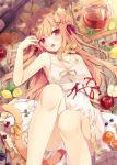  1girl animal_ears apple bangs bare_legs bare_shoulders blush breasts cherry cleavage dress eyebrows_visible_through_hair food fruit hair_between_eyes hair_ornament hair_ribbon hoshi_(snacherubi) lemon long_hair looking_at_viewer lying neck_ribbon open_mouth orange original panties red_eyes ribbon tail teeth underwear 