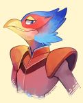  anthro avian beak blue_eyes clothing falco_lombardi male nintendo shoulder_pads signature simple_background smile solo sony-shock star_fox video_games 