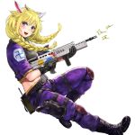  1girl :d animal_ears assault_rifle belt black_belt black_footwear black_gloves blonde_hair blush boots braid character_request copyright_request cropped_jacket cross-laced_footwear finger_on_trigger from_side full_body gloves green_eyes gun handgun holding holding_gun holding_weapon holster holstered_weapon horns jacket long_hair open_mouth pants pistol pouch purple_jacket purple_pants rainbow_six_siege rifle shu-mai simple_background smile solo swastika twin_braids walkie-talkie weapon white_background 