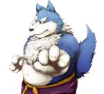  2009 anthro belly black_nose blue_body blue_fur canid canine canis capcom darkstalkers fur humanoid_hands jon_talbain kemono male mammal navel overweight overweight_male simple_background solo video_games white_background white_body white_fur wolf yamacha012 