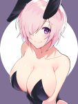  1girl absurdres animal_ears bangs bare_arms bare_shoulders black_leotard blush breasts bunny_ears bunnysuit collarbone commentary_request eyebrows_visible_through_hair fate/grand_order fate_(series) highres large_breasts lavender_hair leotard looking_at_viewer mash_kyrielight ookura_(karattooo) purple_eyes smile solo strapless strapless_leotard 
