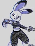  2018 4_fingers absurd_res action_pose anthro bottomwear clothing disney dual_wielding eyelashes female fingers gun handgun hi_res holding_object holding_weapon hthfp judy_hopps lagomorph leporid looking_at_viewer mammal open_mouth pants police_uniform pose rabbit ranged_weapon signature simple_background sketch solo teeth uniform weapon white_background zootopia 