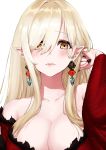  1girl blush breasts eiam1122 eyebrows_visible_through_hair fangs japanese_clothes kimono kiss-shot_acerola-orion_heart-under-blade large_breasts long_hair looking_at_viewer monogatari_(series) solo traditional_media white_background yellow_eyes 