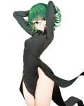  1girl absurdres arms_up bangs bare_legs black_dress breasts curly_hair dress green_eyes green_hair hair_between_eyes highres korean_commentary leewh1515 long_sleeves one-punch_man pelvic_curtain short_hair simple_background small_breasts solo tatsumaki white_background 
