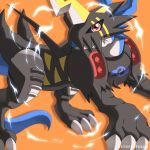  1:1 3_toes armor black_armor blue_body claws digimon digimon_(species) elferin feral hi_res horn male orange_background raidramon red_eyes reptile scalie signature simple_background solo teeth toes white_claws 