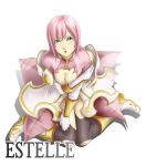  1girl blush boots breasts cleavage dress estellise_sidos_heurassein gloves green_eyes groin knee_boots looking_at_viewer open_mouth pink_hair short_hair simple_background solo tales_of_(series) tales_of_vesperia thor_(deep_rising) white_background 