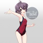  1girl artist_name character_name checkered checkered_background commentary_request competition_swimsuit cowboy_shot flat_chest gradient gradient_background grey_background inaba_shiki kantai_collection looking_at_viewer one-piece_swimsuit purple_eyes purple_hair red_swimsuit sakawa_(kantai_collection) short_hair solo swimsuit 