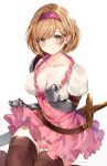 1girl armor bangs belt blonde_hair blush boots bow breasts brown_eyes brown_footwear cleavage closed_mouth commentary_request djeeta_(granblue_fantasy) dress eyebrows_visible_through_hair frills gauntlets granblue_fantasy hairband highres hinahino looking_at_viewer medium_breasts panties pink_bow pink_dress pink_panties puffy_sleeves shiny shiny_hair short_dress short_hair signature simple_background solo sweat sweatdrop sword thigh_boots thighhighs underwear weapon 