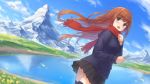 1girl black_legwear black_skirt blue_jacket blue_sky blush brown_hair cellphone cloud commentary_request day floating_hair flower fringe_trim gohei_(aoi_yuugure) grey_eyes hand_up highres holding holding_phone jacket lake long_hair long_sleeves looking_at_viewer looking_to_the_side mountain open_mouth original outdoors petals phone pleated_skirt red_scarf scarf school_uniform skirt sky solo thighhighs upper_teeth very_long_hair water yellow_flower 