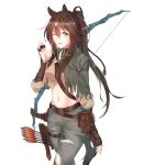  1girl animal_ears arknights arrow bangs belt bow_(weapon) braid breasts brown_belt brown_hair brown_shirt capelet chinese_commentary commentary_request cowboy_shot crop_top eyebrows_visible_through_hair green_eyes grey_capelet grey_pants groin hair_between_eyes hand_up highres horse_ears long_hair long_sleeves looking_at_viewer medium_breasts meteor_(arknights) midriff minuo navel pants parted_lips pouch quiver shirt simple_background smile solo standing stomach tail vambraces weapon white_background 