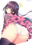  1girl ass bangs bent_over black_legwear blunt_bangs commentary_request from_behind hair_bobbles hair_ornament highres hinako_note long_hair long_sleeves looking_at_viewer looking_back march-bunny nakajima_yua official_art one_side_up panties pleated_skirt purple_hair red_sailor_collar sailor_collar school_uniform skindentation skirt solo surprised sweatdrop thighhighs underwear white_background white_panties yellow_eyes 