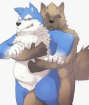  2009 anthro belly black_nose blue_body blue_fur brown_body brown_fur canid canine canis domestic_dog duo eyes_closed fur hug hugging_from_behind humanoid_hands kemono male male/male mammal simple_background slightly_chubby white_background white_body white_fur yamacha012 
