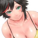  1girl bare_shoulders black_hair breasts cleavage closed_mouth dutch_angle green_eyes halterneck large_breasts looking_at_viewer minori_yumeko minori_yumeko_(character) multicolored_hair short_hair shu-mai simple_background smile solo streaked_hair upper_body white_background 