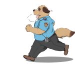  2009 anthro blush bodily_fluids bottomwear brown_body brown_fur canid canine canis clothing domestic_dog fur kemono male mammal overweight overweight_male pants police shirt simple_background solo sweat tongue tongue_out topwear white_background yamacha012 