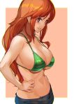  1girl ashiomi_masato bangs bare_arms bare_shoulders bikini_top breasts cleavage commentary_request earrings eyebrows_visible_through_hair green_bikini_top hands_up jewelry large_breasts long_hair midriff nami_(one_piece) navel one_piece orange_hair pants parted_lips pink_background red_eyes shiny shiny_hair shiny_skin simple_background smile stomach 