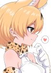  1girl animal_ears bare_shoulders blonde_hair bow bowtie commentary_request elbow_gloves extra_ears eyebrows_visible_through_hair fang gloves heart kemono_friends print_gloves print_neckwear profile ransusan serval_(kemono_friends) serval_ears serval_girl serval_print shirt short_hair sleeveless solo spoken_heart upper_body white_shirt yellow_eyes 