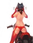  1girl ass breasts brown_hair butt_crack cat_helmet commentary dash_ravo elbow_gloves english_commentary flat_ass from_behind garter_straps gloves ground_vehicle helmet medium_hair motor_vehicle motorcycle original panties red_legwear red_panties sideboob skin_tight solo straddling topless underwear white_background 