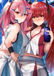  2girls :p adapted_costume alternate_costume azur_lane bad_anatomy bangs bare_shoulders black_ribbon blue_background blush bottle bow braid breasts bremerton_(azur_lane) bremerton_(azur_lane)_(cosplay) bremerton_(scorching-hot_training)_(azur_lane) chain-link_fence cleavage closed_mouth collarbone collared_shirt commentary_request cosplay cowboy_shot crop_top crop_top_overhang eyebrows_visible_through_hair fence frown green_shirt green_skirt grey_hair hair_between_eyes hair_bow hair_intakes hair_ornament hair_ribbon hairclip highres holding holding_bottle honolulu_(azur_lane) kagurazaka_miyabi large_breasts long_hair looking_at_viewer midriff mole mole_under_eye multicolored_hair multiple_girls nose_blush pink_eyes pink_hair profile red_eyes red_hair red_shirt red_skirt ribbon shirt sidelocks skirt sleeveless sleeveless_shirt smile sportswear standing streaked_hair tennis_uniform tongue tongue_out twintails two-tone_hair two-tone_shirt two-tone_skirt water_bottle white_shirt white_skirt wristband x_hair_ornament 