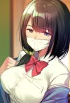  1girl black_hair blanket blue_eyes bow bowtie breasts eyebrows_visible_through_hair hair_ornament hair_scrunchie hassu indoors large_breasts long_hair low_tied_hair mask mouth_mask niyasuke_(yama) portrait red_neckwear school_uniform scrunchie solo ssss.gridman surgical_mask 