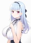  1girl anchor azur_lane bare_arms bare_shoulders blue_hair blush breasts center_frills closed_mouth commentary_request dido_(azur_lane) frills gradient gradient_background grey_background hand_on_own_chest hand_up highres kohakope large_breasts long_hair looking_at_viewer looking_to_the_side purple_eyes shirt sleeveless sleeveless_shirt solo underboob_cutout upper_body white_shirt 