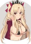  1girl bangs between_breasts bikini black_bikini blonde_hair blush bow breasts cape cleavage closed_mouth collarbone commentary_request detached_collar earrings ereshkigal_(fate/grand_order) fate/grand_order fate_(series) gold_trim hair_bow holding holding_hair hood hooded_cape hoop_earrings infinity jewelry large_breasts long_hair looking_at_viewer micro_bikini navel necklace parted_bangs red_bow red_cape red_eyes shiseki_hirame skull solo spine swimsuit two_side_up 