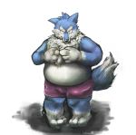  2008 anthro belly blue_body blue_fur canid canine canis capcom clothing darkstalkers fur hi_res humanoid_hands jon_talbain kemono male mammal overweight overweight_male simple_background solo underwear video_games white_background white_body white_fur wolf yamacha012 