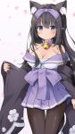  1girl animal_ear_fluff animal_ears arashio_(azur_lane) azur_lane bell bell_choker black_hair blush bow breasts cat_ears cat_girl cat_tail choker cleavage eyebrows_visible_through_hair floral_print hair_bow hair_intakes highres japanese_clothes kimono large_breasts long_hair looking_at_viewer nekono_rin off-shoulder_kimono pantyhose petals pleated_skirt purple_bow purple_eyes skirt solo tail wide_sleeves 